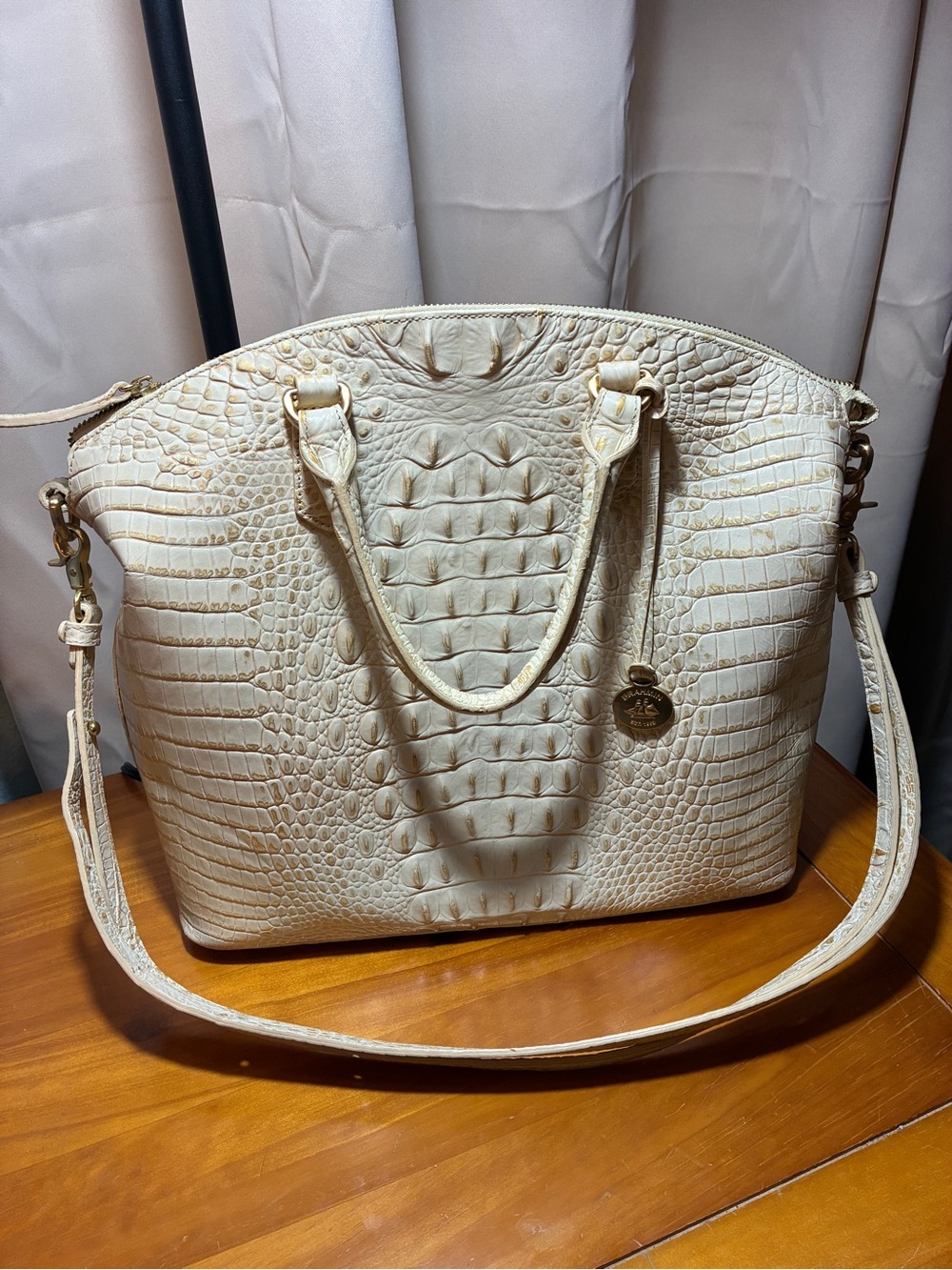 Brahmin Cream Croc-Embossed Duxbury Shoulder Bag with Detachable Strap